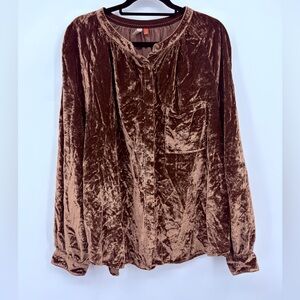Pilcro Anthropologie Brown Velvet Button Front Blouse Long Sleeve Size 2X